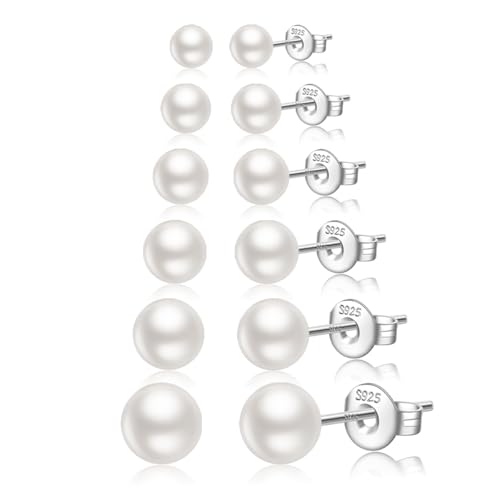 JEMARA Sterling Silver Stud Earrings for Women Pearl Earrings Non Tarnish | Hypoallergenic 925 Sterling Silver Pearl Cubic Zirconia Studs Set Trendy Earrings for Sensitive Ears 6 Pairs - color: 6Pairs Pearl-Silver
