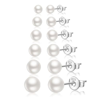 JEMARA Sterling Silver Stud Earrings for Women Pearl Earrings Non Tarnish | Hypoallergenic 925 Sterling Silver Pearl Cubic Zirconia Studs Set Trendy Earrings for Sensitive Ears 6 Pairs - color: 6Pairs Pearl-Silver
