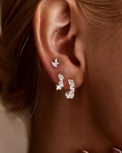 3 Pairs Earring Stacks, Gold Earring Set Jewelry Gift for Women | Small, 14K Gold/White Gold/Black/Rose Gold Plated, Hypoallergenic, Her, Everday, Stackable, Simple, 3 Holes - color: Silver-Geometric