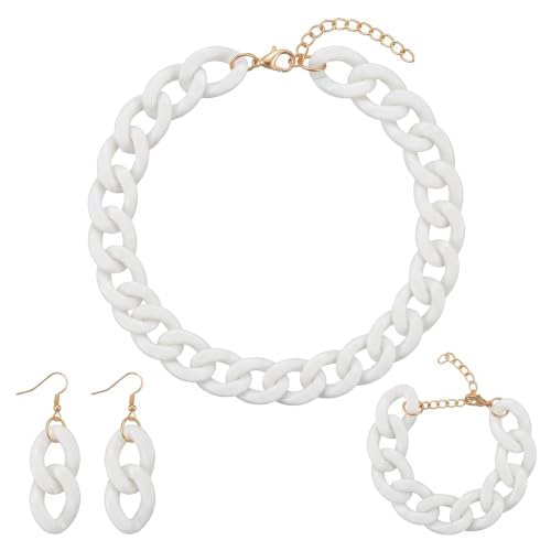 3 Pcs Acrylic Chunky Necklace Bracelet Earrings Set for Women, Bold Cuban Link Choker Necklace, Colorful Statement Jewelry Accessories for Party Outfit - color: White