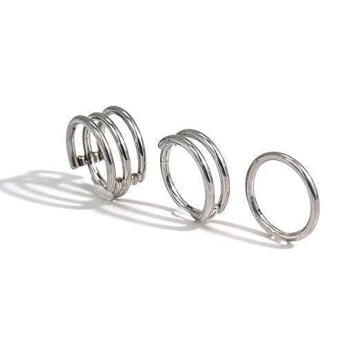 davka Nose Ring Set, 18G Hinged Hoop 8mm & 20G Nose Studs, Stainless Steel & Gold Plated, Hypoallergenic, Multiple Styles Nose Piercing Jewelry - color: Silver/3Pcs Hoops/18gauge 8mm/Set-C