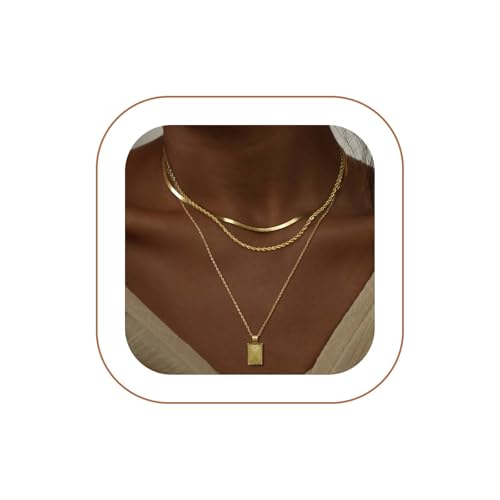 Layered Gold Silver Necklaces for Women, Stackable Stack 14K Real Gold Plated Silver Chain Necklace Diamond Circle CZ Layering Pendant Necklaces Trendy Gold Jewelry Set Gifts - color: gold, style: 3PC-Rectangle