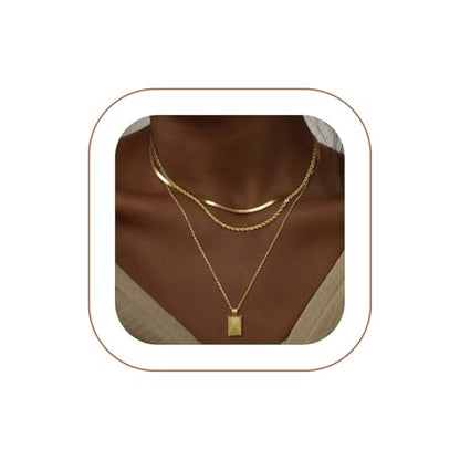 Layered Gold Silver Necklaces for Women, Stackable Stack 14K Real Gold Plated Silver Chain Necklace Diamond Circle CZ Layering Pendant Necklaces Trendy Gold Jewelry Set Gifts - color: gold, style: 3PC-Rectangle