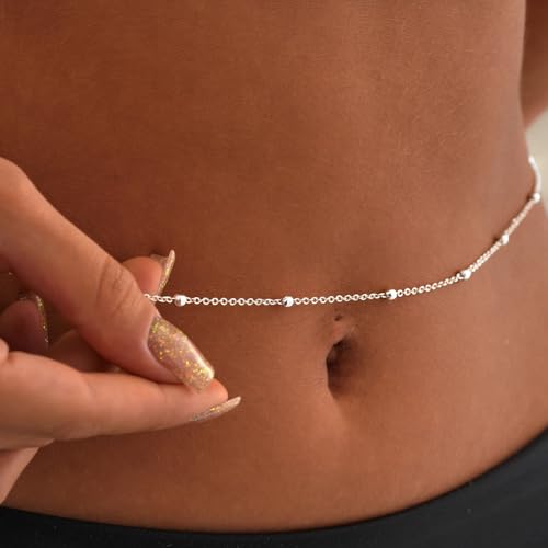 CAROVO Belly Waist Chain for Women 14K Gold Silver Plated Layered Body Chains Boho Cuban Figaro Pearl Heart Coin Satellite Bead Belly Chain Sexy Bikini Body Jewelry for Women Adjustable - style: C1:Bead SL