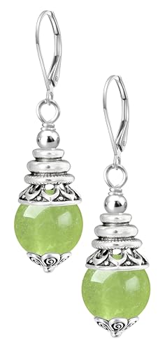 Natural 10mm Stone Beads Drop Earrings,Retro Silver Round Quartz Crystal Gemstone Beads Dangle Earrings for Women - color: A02_Apple-Green Jade