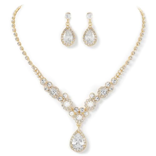 Unicra Bride Silver Bridal Necklace Earrings Set Crystal Bridal Wedding Jewelry Set Rhinestone Choker Necklace for Women and Brides - color: Gold