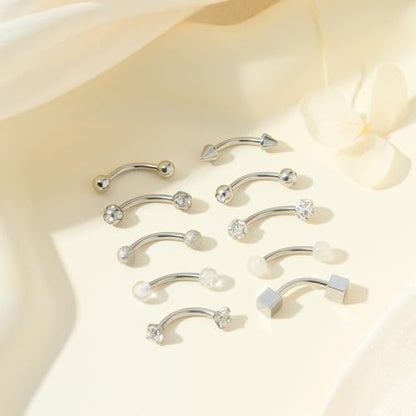 FECTAS 10PCS Eyebrow Rook Piercing Jewelry 16G Earrings Vertical Labret Lip Jewelry Curved Barbell Eyebrow Rings Tiny Small Belly Rings Ear Rook Helix Conch Daith Piercing Jewelry - color: silver