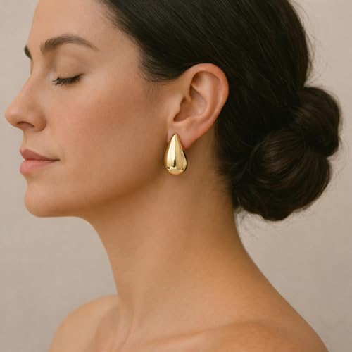 14K Gold Clip On Earrings Women,Teardrop Chunky Detachable Hoop Clip-On Earrings for Non Pierced Ears Hypoallergenic Lightweight Earring Clips - color: Gold