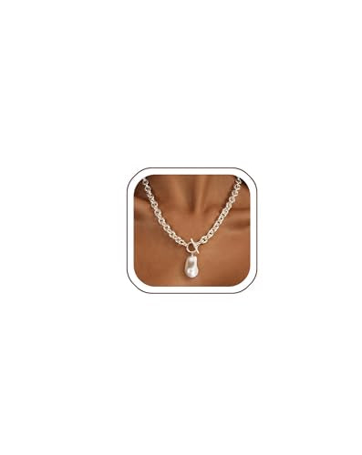IMBOS 14K Gold Plated Chunky Chain Choker Necklaces for Women Chunky Gold Necklace Tennis Necklace for Women CZ Love Chain Cuban Link Choker Jewelry Gifts - color: Silver-Baroque Pearl Necklace