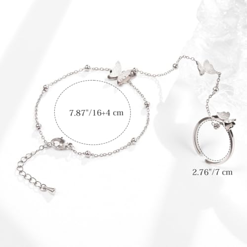 Emibele Gold Bracelets for Women, 18K Gold Plated Hand Chain, Cubic Zirconia Stainless Steel Non Tarnish Hand Chain Bracelet with Finger Ring, Adjustable Trendy Jewelry Valentines Day Gifts for Women - style: Silver Butterfly