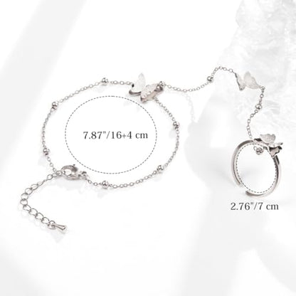 Emibele Gold Bracelets for Women, 18K Gold Plated Hand Chain, Cubic Zirconia Stainless Steel Non Tarnish Hand Chain Bracelet with Finger Ring, Adjustable Trendy Jewelry Valentines Day Gifts for Women - style: Silver Butterfly