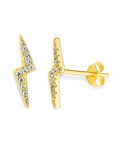 Altitude Boutique Cubic Zirconia Lightning Bolt Earrings | CZ Gold Stud Earrings for Women | Hypoallergenic Geometric Punk Earrings - color: Gold
