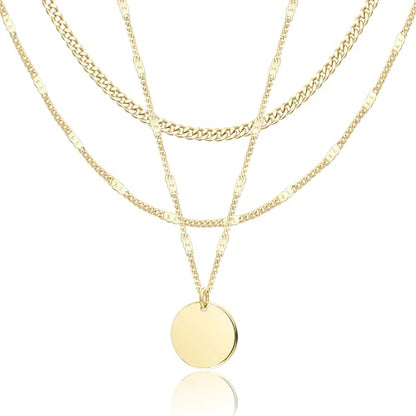 WomenGifts Layered Gold Necklaces for Women, 14K Gold Sterling Silver Plated Dainty Pendant Necklace Set Non Tarnish, Chunky Stackable Cuban Chain Choker, Trendy Birthstone Vacation Jewelry Gift - color: Gold, style: Mirror Coin