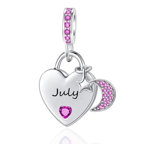 12 Months Birthstone Heart Charm Moon and Star Pendant Bead Compatible with Pandora Bracelet Women - style: July