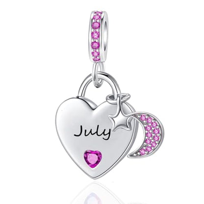 12 Months Birthstone Heart Charm Moon and Star Pendant Bead Compatible with Pandora Bracelet Women - style: July