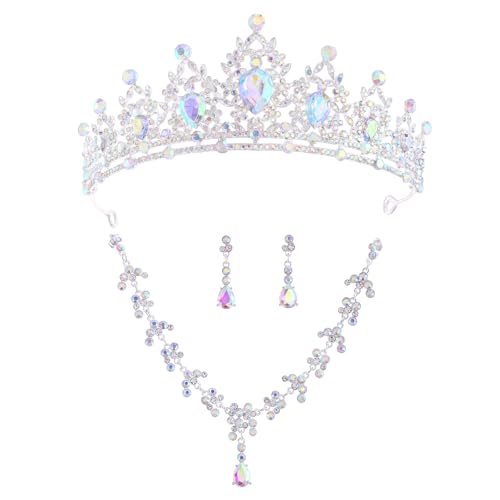 Crystal Crown and Tiara Jewelry Set for Women Bride with Necklace Earrings | Metal Rhinestone Royal Queen Princess Jewelry Set Wedding Quinceanera Pageant Prom Birthday Halloween Party Costume Gift - color: Silver ab