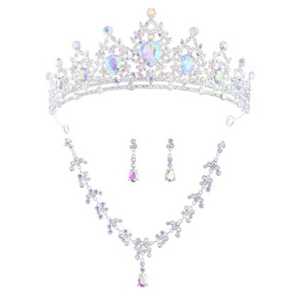 Crystal Crown and Tiara Jewelry Set for Women Bride with Necklace Earrings | Metal Rhinestone Royal Queen Princess Jewelry Set Wedding Quinceanera Pageant Prom Birthday Halloween Party Costume Gift - color: Silver ab