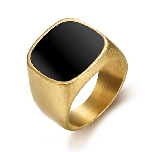 Men's Stainless Steel Square Biker Signet Ring, Black Silver Gold Styles | plain flat top, polished and brushed finish options, chunky profile, pinky or thumb styling, gift-ready for dad or him - color: Gold w/ Enamel Top