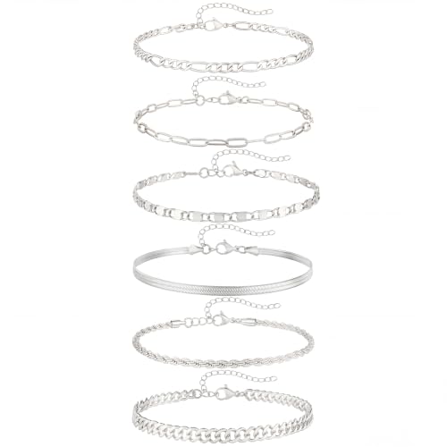 Fesciory 14K Gold Ankle Bracelets for Women, Layered Stackable Anklet Set | 6 Pcs Anklet Set, Layered Ankle Bracelet, Cuban Link Design, Stackable Plus Size, Adjustable Fit, Summer Beach Jewelry - color: Set10-Silver 6Pcs