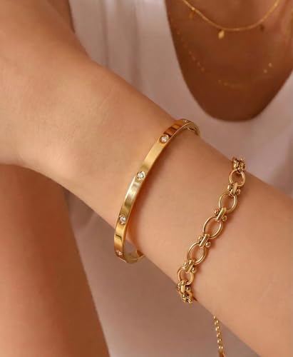 Joo&Rind Gold Bangle Bracelets for Women 18K Gold Plated Stainless Steel Bracelet Oval Hinged Bangles for Small Wrists Non Tarnish Waterproof with Cubic Zirconia Jewelry Gift for Everyday Wear Birthday - color: Small Cleef-Gold