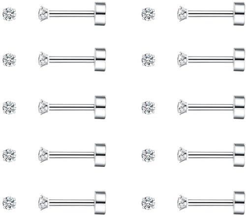 SIISPRI 10 Pairs Tiny Cartilage Stud Earrings for Women Men 14K Gold Plated Surgical Stainless Steel Flat Back Earrings Hypoallergenic Cubic Zirconia Studs Earrings 2mm 3mm Tragus Helix Daith Piercing - color: 2mm-silver-10pair