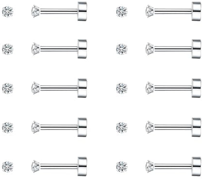 SIISPRI 10 Pairs Tiny Cartilage Stud Earrings for Women Men 14K Gold Plated Surgical Stainless Steel Flat Back Earrings Hypoallergenic Cubic Zirconia Studs Earrings 2mm 3mm Tragus Helix Daith Piercing - color: 2mm-silver-10pair