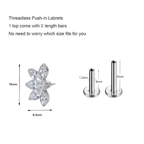 1pcs 16G 18G G23 Titanium Threadless Labret Studs Push-in Labret Lip Cluster Tragus Helix Conch Lobe Rook Cartilage Push Back Piercing Jewelry Earring - style: 5 eye CZ
