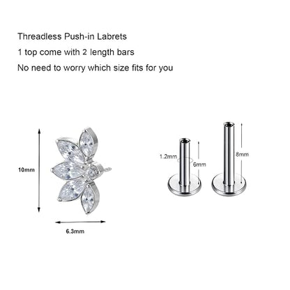 1pcs 16G 18G G23 Titanium Threadless Labret Studs Push-in Labret Lip Cluster Tragus Helix Conch Lobe Rook Cartilage Push Back Piercing Jewelry Earring - style: 5 eye CZ