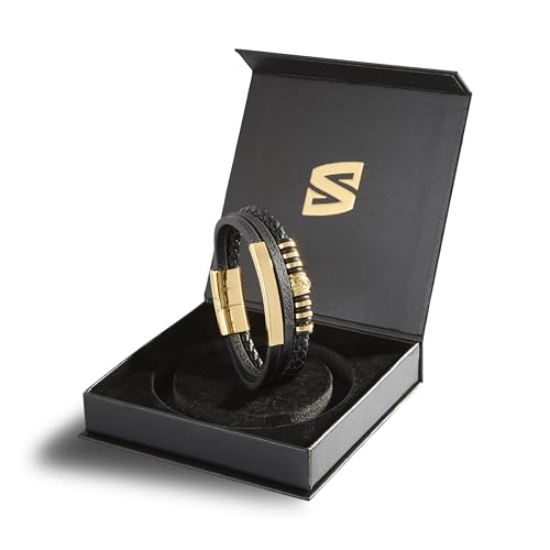 SERASAR Premium Leather Bracelet Men | Stainless Steel Magnetic Clasp | Three Colors | Jewelry Box Included - color: Gold, size: 8.97 Inches, style: Shine