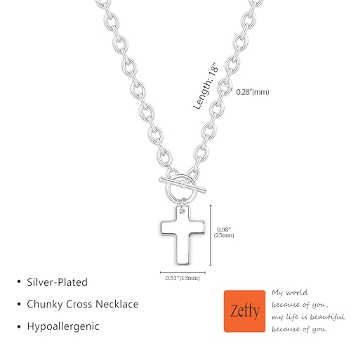 Zeffy 14K Gold/Silver Plated Chunky Thick Chain Toggle Clasp Necklace Dainty Baroque Pearl/Heart/Cross/Turquoise Pendant Necklace - color: Silver Small Cross Necklace