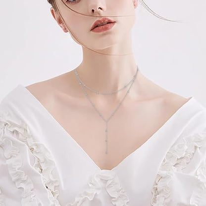 FLYOW Layered Necklace S925 Sterling Silver Y Shaped Jewelry - style: Beads Style