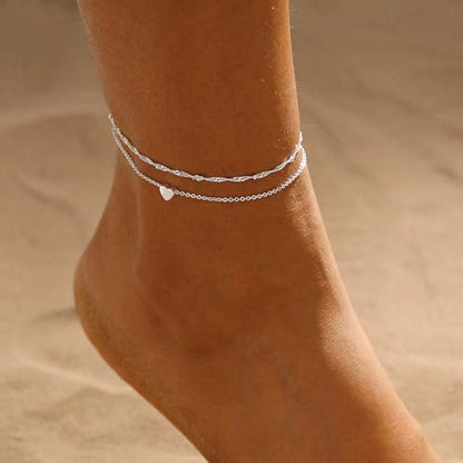 ASCOMY Ankle Bracelets for Women 14K Gold/Silver Plated Anklets for Women Waterproof Layered Cute Beads Dot Shining Twist Rope Chain Pearl Bar Link Heart Anklets Summer Beach Foot Chain Jewelry Gifts - style: Heart Twist Rope-SL