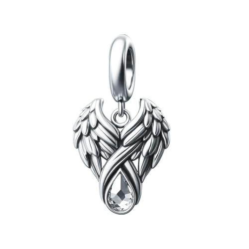 KunBead Guardian Angel Wings Birthstone Dangle Birthday Charms Compatible with Pandora Charm Bracelet for Women - color: White