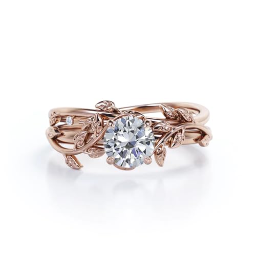 Center 1 CT Round Cut Floral Moissanite Wedding Rings Sets for Women Leaf and Vine Art Deco Engagement Ring Sets in S925 Sterling Silver 10K 14K 18K Gold with Text Engraving - color: Style B