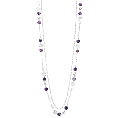 FULU AUTUMN Long Layered Silver Necklaces for Women - Natural Stone and Dainty Flower Beaded Sweater Chain Fashion Jewelry Gifts - color: Purple