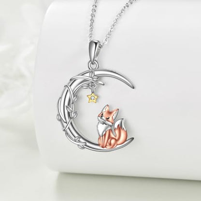 YAFEINI Moon Animal Necklace S925 Sterling Silver Owl/Fox/Red Panda/Possum/Snake/Dachshund Pendant Necklace Animal Jewelry Gifts for Women Mom Wife - style: FOX