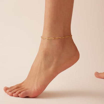 NONAMOIS Ankle Bracelets for Women Dainty 18K Gold Plated Anklet | Stainless Steel Waterproof Satellite Beaded Pearl Star Cross Chain Anklets Non Tarnish Summer Beach Foot Jewelry Gifts - color: Paperclip-Gold
