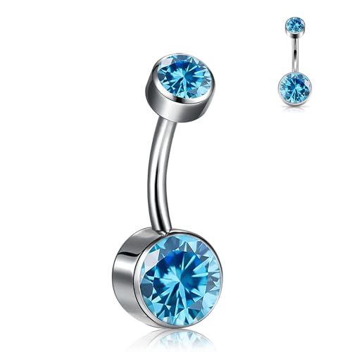 Titanium Floating Belly Button Rings 14G, ASTM F136 Implant-Grade Curved Barbell, Internal Thread with 6mm Teardrop Gems, Sparkle Navel Piercing Jewelry, 10mm/12mm Length - color: Silver-Blue, size: 3/8"(10mm)