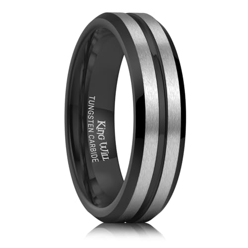 King Will Tungsten Carbide Wedding Band for Men Women-6/8/10mm Width Multicolor Available with Grooved Center Wedding Ring Suitable for Work, Gym Comfort Fit Size 4-16 - color: Silver and Black-6mm