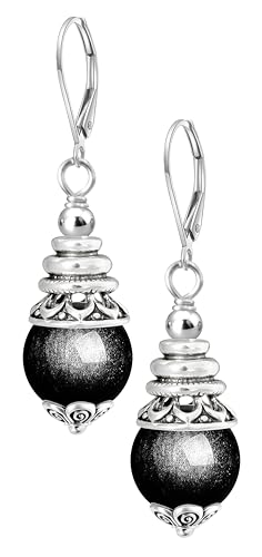 Natural 10mm Stone Beads Drop Earrings,Retro Silver Round Quartz Crystal Gemstone Beads Dangle Earrings for Women - color: A14_Sheen Obsidian