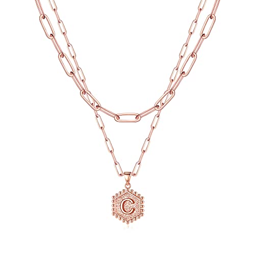 M MOOHAM Dainty Initial Necklaces for Women, 14K-Gold-Plated Layering Necklace for Women Cute Hexagon Letter Initial Necklace Layered Necklaces for Womens Teen Girl Gifts - color: Rose Gold Plated, style: C