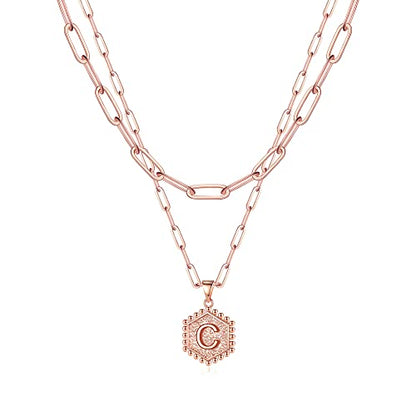 M MOOHAM Dainty Initial Necklaces for Women, 14K-Gold-Plated Layering Necklace for Women Cute Hexagon Letter Initial Necklace Layered Necklaces for Womens Teen Girl Gifts - color: Rose Gold Plated, style: C