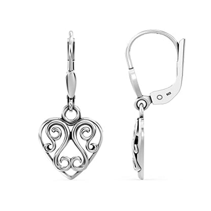 LeCalla 925 Sterling Silver Leverback Drop Earrings | Lightweight Italian Teardrop Dangle Earring for Women - color: Heart-Filigree AT