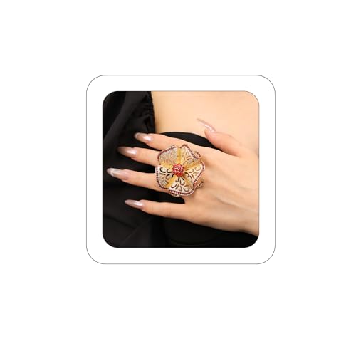 Elegant Big Crystal Flower Ring for Women Gold Rhinestone Floral Rings Open Finger Adjustable Crystal Flower Statement Ring Jewelry for Bridal Wedding - color: Flower 1 - red
