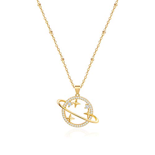 Aobei Pearl 18K Gold Plated Moon Star Lion Evil Eye Love Heart Cross Pendant Necklace Medallion Paperclip Chian Choker Layering Jewery for Women - color: Golden Saturn Planet