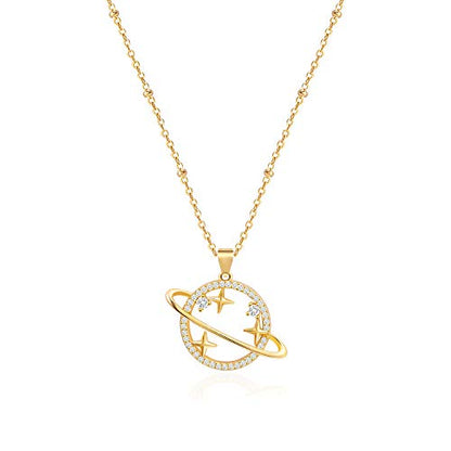 Aobei Pearl 18K Gold Plated Moon Star Lion Evil Eye Love Heart Cross Pendant Necklace Medallion Paperclip Chian Choker Layering Jewery for Women - color: Golden Saturn Planet
