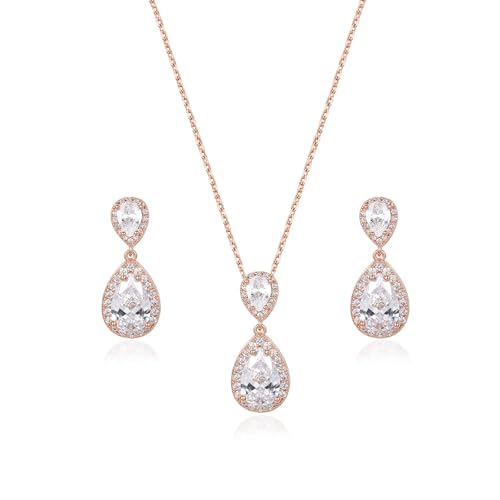 Bridal Jewelry Set for Women, Cubic Zirconia Teardrop Bride Bridesmaid Necklace and Earrings Set for Wedding Prom Formal - color: Rose Gold