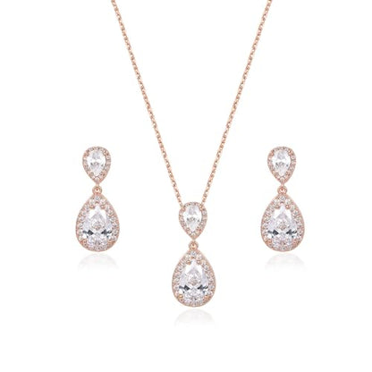Bridal Jewelry Set for Women, Cubic Zirconia Teardrop Bride Bridesmaid Necklace and Earrings Set for Wedding Prom Formal - color: Rose Gold