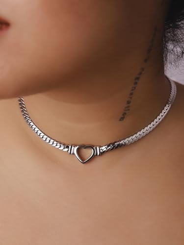 Sacina Heart Choker, Stainless Steel Necklace, Choker Necklaces for Women, Chunky Heart Necklace, Valentine Gift, Christmas Jewelry Gift - color: silver