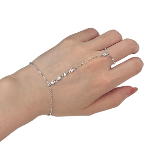 Kakikaki 925 Sterling Silver Finger Ring Bracelet Hand Chain for Women | Slave Bracelets 7" to 9" Adjustable - color: Silver, style: 5 Diamond
